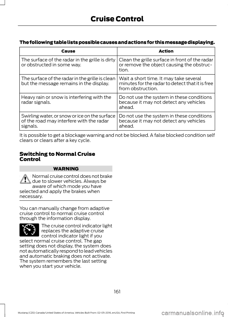 FORD MUSTANG 2017 6.G Owners Manual The following table lists possible causes and actions for this message displaying.
Action
Cause
Clean the grille surface in front of the radar
or remove the object causing the obstruc-
tion.
The surfa