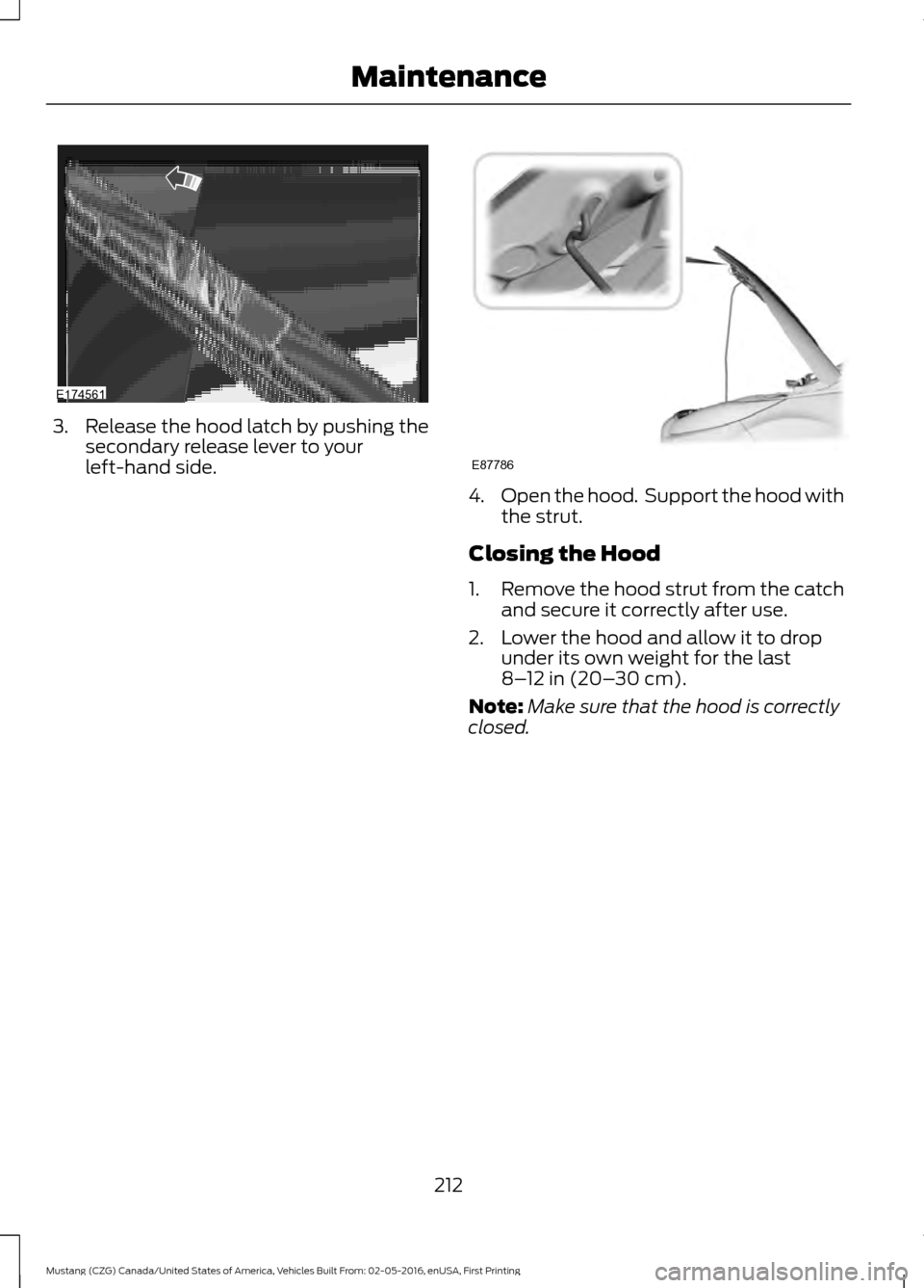 FORD MUSTANG 2017 6.G Owners Manual 3. Release the hood latch by pushing the
secondary release lever to your
left-hand side. 4.
Open the hood.  Support the hood with
the strut.
Closing the Hood
1. Remove the hood strut from the catch
an