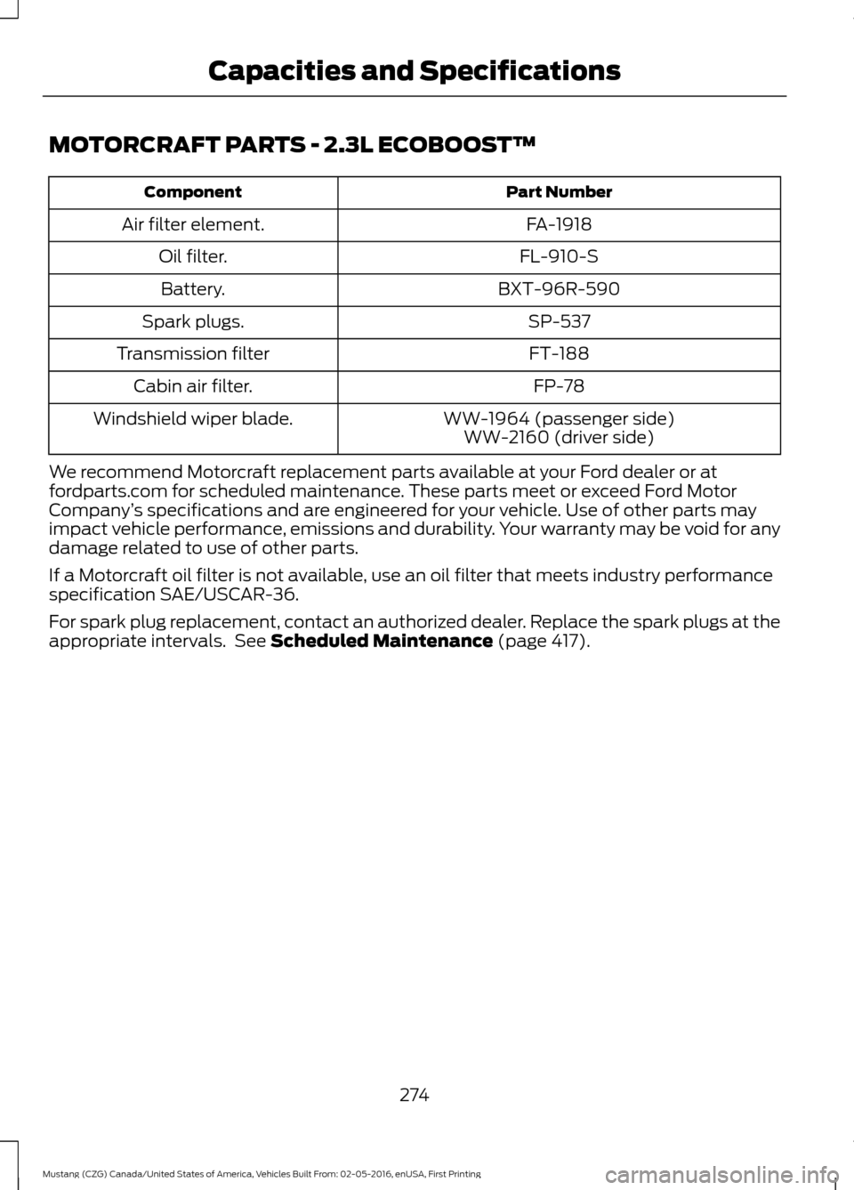 FORD MUSTANG 2017 6.G Owners Manual MOTORCRAFT PARTS - 2.3L ECOBOOST™
Part Number
Component
FA-1918
Air filter element.
FL-910-S
Oil filter.
BXT-96R-590
Battery.
SP-537
Spark plugs.
FT-188
Transmission filter
FP-78
Cabin air filter.
W