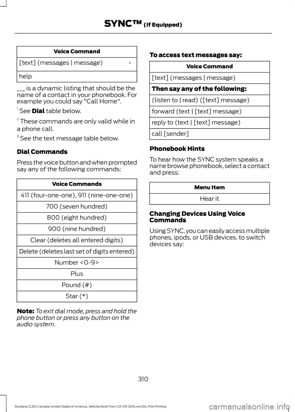 FORD MUSTANG 2017 6.G Owners Manual Voice Command
3
[text] (messages | message)
help
___ is a dynamic listing that should be the
name of a contact in your phonebook. For
example you could say "Call Home".
1  See Dial table below.
2  The
