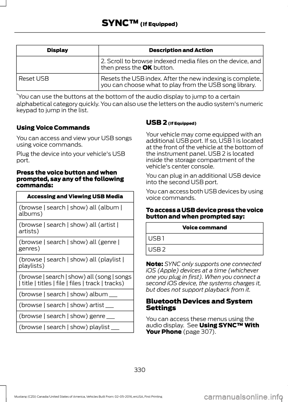 FORD MUSTANG 2017 6.G Owners Manual Description and Action
Display
2. Scroll to browse indexed media files on the device, and
then press the OK button.
Resets the USB index. After the new indexing is complete,
you can choose what to pla FORD MUSTANG 2017 6.G Owners Manual Description and Action
Display
2. Scroll to browse indexed media files on the device, and
then press the OK button.
Resets the USB index. After the new indexing is complete,
you can choose what to pla
