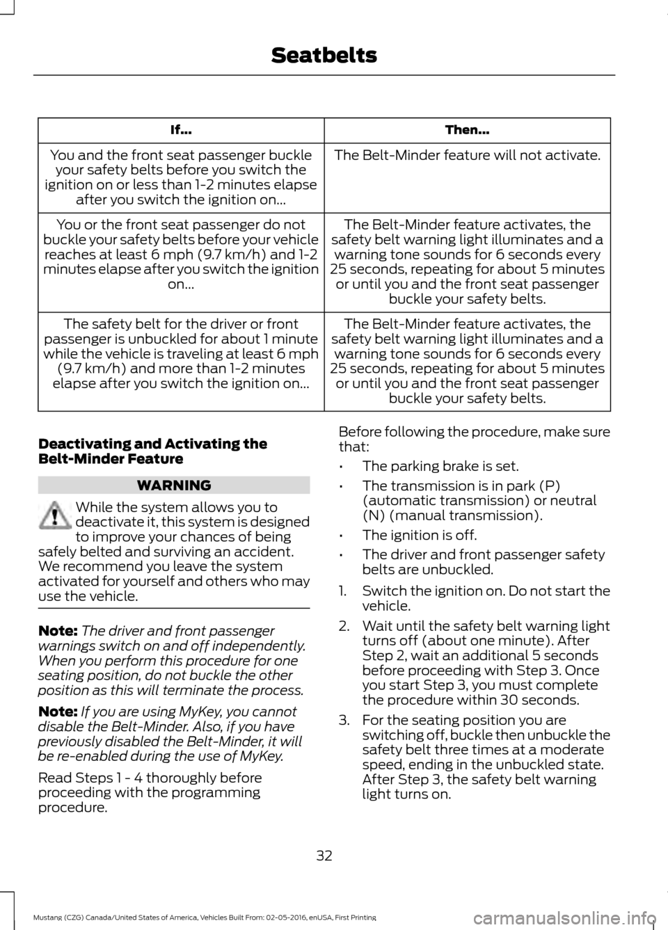 FORD MUSTANG 2017 6.G Owners Manual Then...
If...
The Belt-Minder feature will not activate.
You and the front seat passenger buckle
your safety belts before you switch the
ignition on or less than 1-2 minutes elapse after you switch th