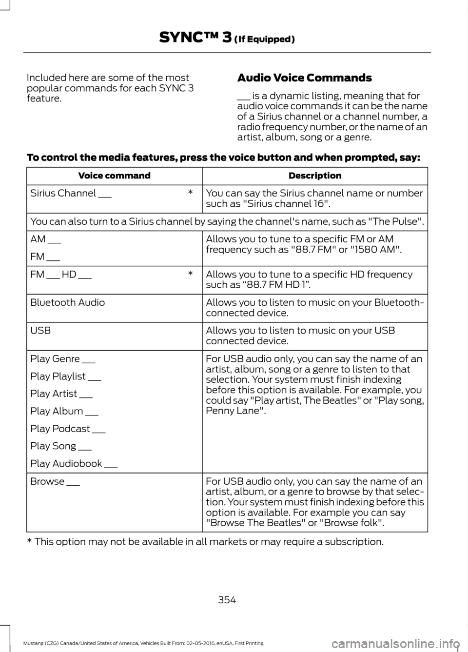 FORD MUSTANG 2017 6.G Owners Manual Included here are some of the most
popular commands for each SYNC 3
feature.
Audio Voice Commands
___ is a dynamic listing, meaning that for
audio voice commands it can be the name
of a Sirius channel FORD MUSTANG 2017 6.G Owners Manual Included here are some of the most
popular commands for each SYNC 3
feature.
Audio Voice Commands
___ is a dynamic listing, meaning that for
audio voice commands it can be the name
of a Sirius channel