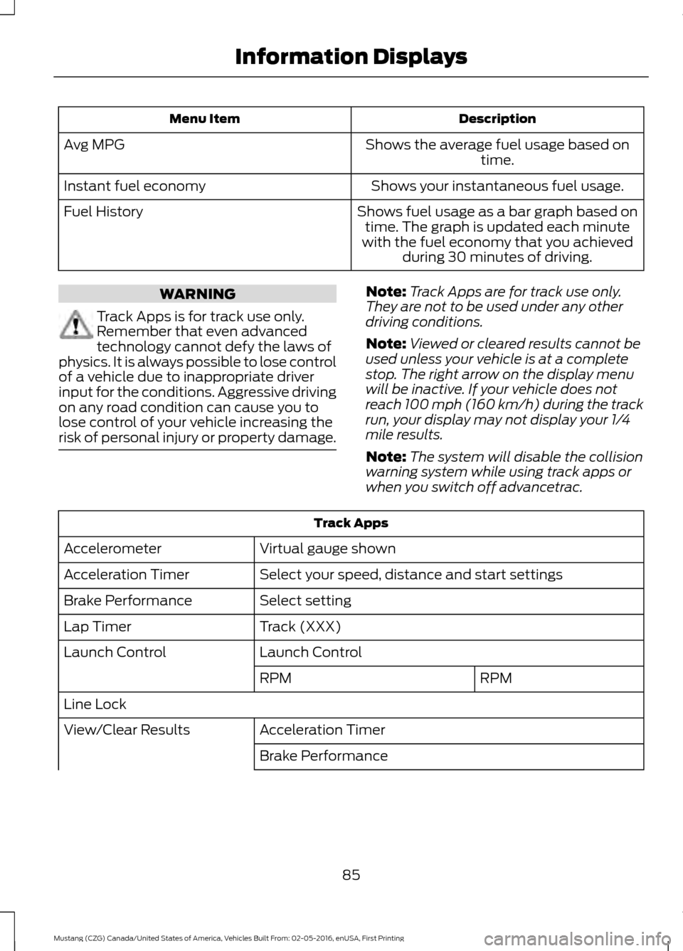 FORD MUSTANG 2017 6.G Manual Online Description
Menu Item
Shows the average fuel usage based ontime.
Avg MPG
Shows your instantaneous fuel usage.
Instant fuel economy
Shows fuel usage as a bar graph based ontime. The graph is updated ea FORD MUSTANG 2017 6.G Manual Online Description
Menu Item
Shows the average fuel usage based ontime.
Avg MPG
Shows your instantaneous fuel usage.
Instant fuel economy
Shows fuel usage as a bar graph based ontime. The graph is updated ea
