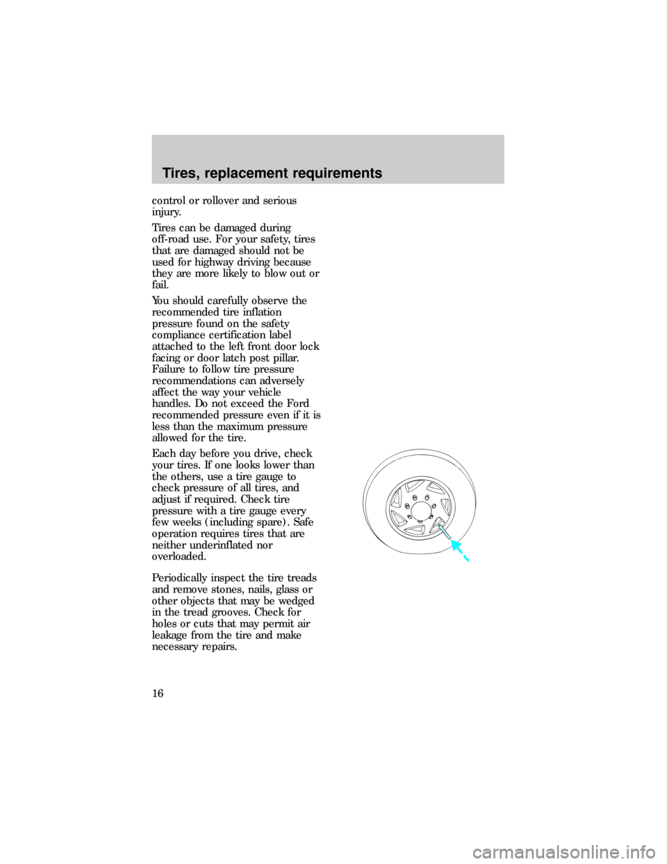 FORD SUPER DUTY 2000 1.G 4x4 Supplement Manual control or rollover and serious
injury.
Tires can be damaged during
off-road use. For your safety, tires
that are damaged should not be
used for highway driving because
they are more likely to blow ou