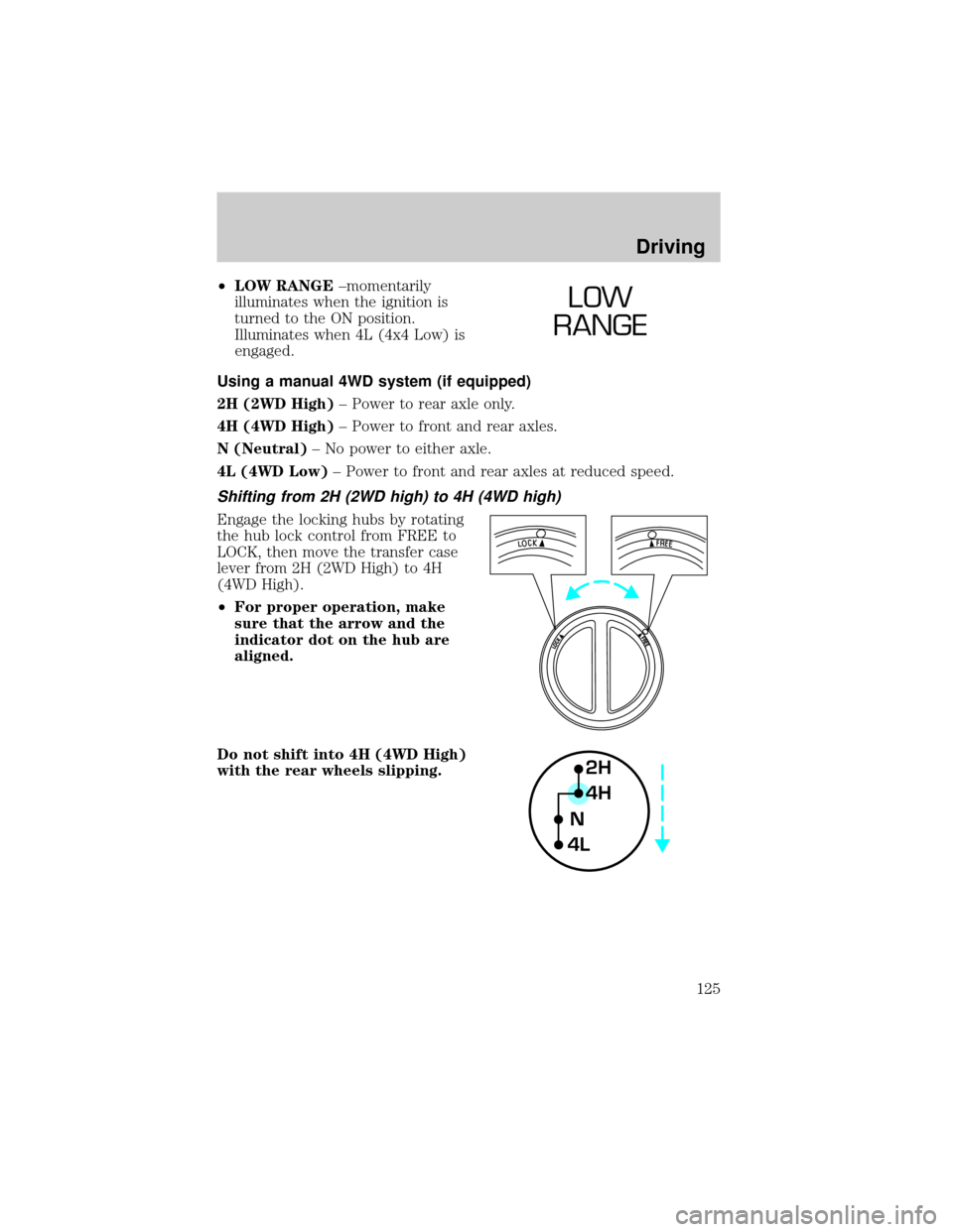 FORD SUPER DUTY 2000 1.G Owners Manual ²LOW RANGE±momentarily
illuminates when the ignition is
turned to the ON position.
Illuminates when 4L (4x4 Low) is
engaged.
Using a manual 4WD system (if equipped)
2H (2WD High)± Power to rear axl