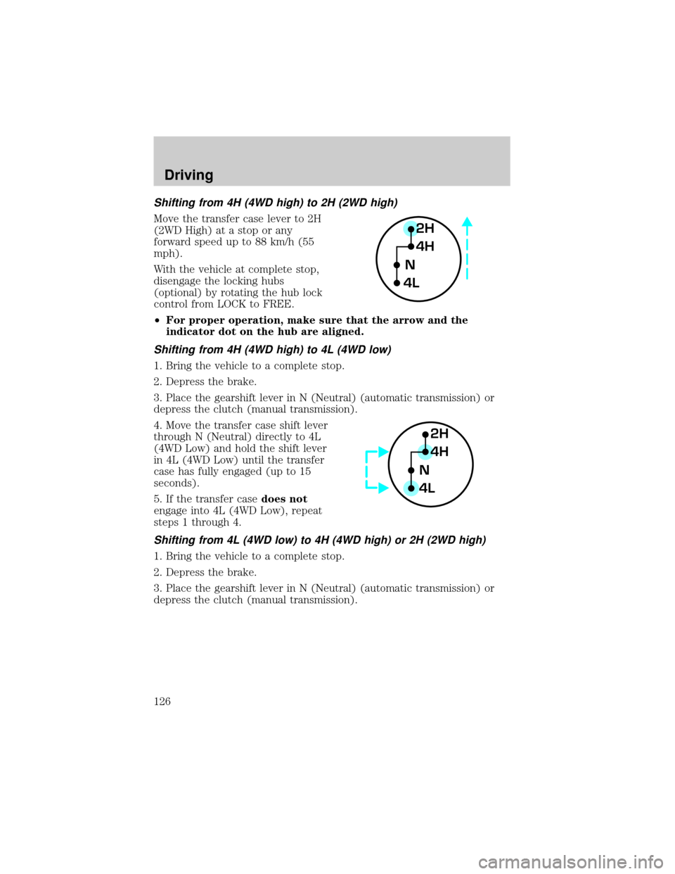 FORD SUPER DUTY 2000 1.G Owners Manual Shifting from 4H (4WD high) to 2H (2WD high)
Move the transfer case lever to 2H
(2WD High) at a stop or any
forward speed up to 88 km/h (55
mph).
With the vehicle at complete stop,
disengage the locki