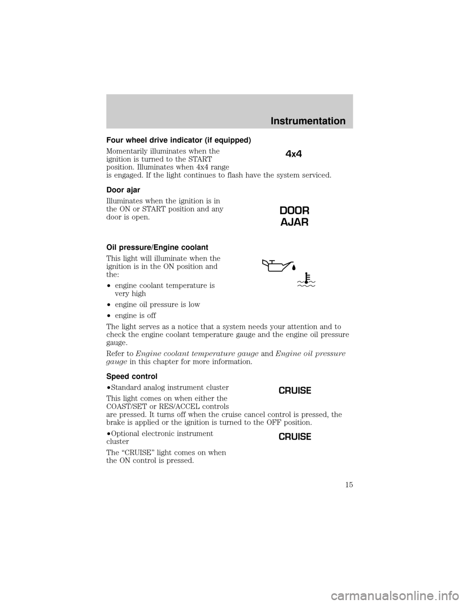 FORD SUPER DUTY 2000 1.G User Guide Four wheel drive indicator (if equipped)
Momentarily illuminates when the
ignition is turned to the START
position. Illuminates when 4x4 range
is engaged. If the light continues to flash have the syst FORD SUPER DUTY 2000 1.G User Guide Four wheel drive indicator (if equipped)
Momentarily illuminates when the
ignition is turned to the START
position. Illuminates when 4x4 range
is engaged. If the light continues to flash have the syst