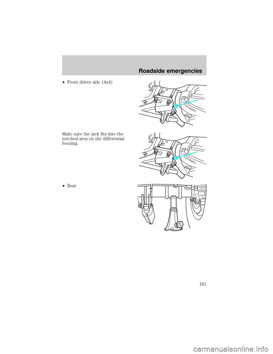 FORD SUPER DUTY 2000 1.G Owners Manual ²Front driver side (4x4)
Make sure the jack fits into the
notched area on the differential
housing.
²Rear
Roadside emergencies
161 
