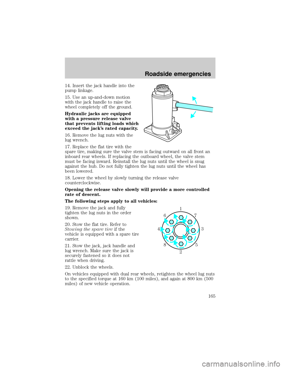 FORD SUPER DUTY 2000 1.G Owners Manual 14. Insert the jack handle into the
pump linkage.
15. Use an up-and-down motion
with the jack handle to raise the
wheel completely off the ground.
Hydraulic jacks are equipped
with a pressure release 