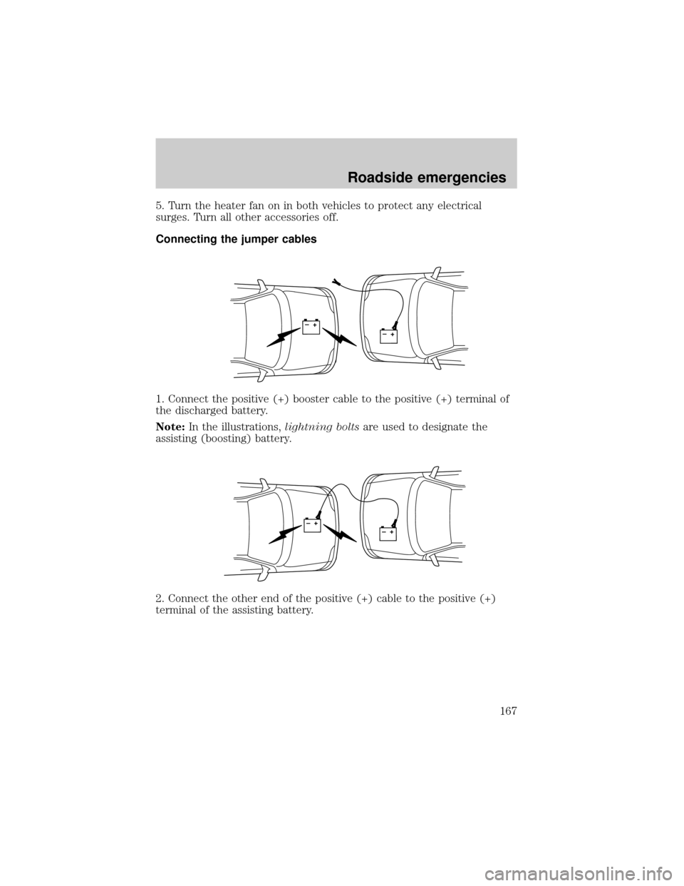 FORD SUPER DUTY 2000 1.G User Guide 5. Turn the heater fan on in both vehicles to protect any electrical
surges. Turn all other accessories off.
Connecting the jumper cables
1. Connect the positive (+) booster cable to the positive (+) 