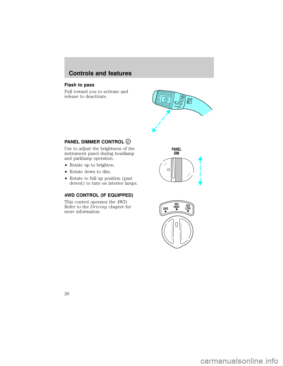 FORD SUPER DUTY 2000 1.G Owners Manual Flash to pass
Pull toward you to activate and
release to deactivate.
PANEL DIMMER CONTROL
Use to adjust the brightness of the
instrument panel during headlamp
and parklamp operation.
²Rotate up to br