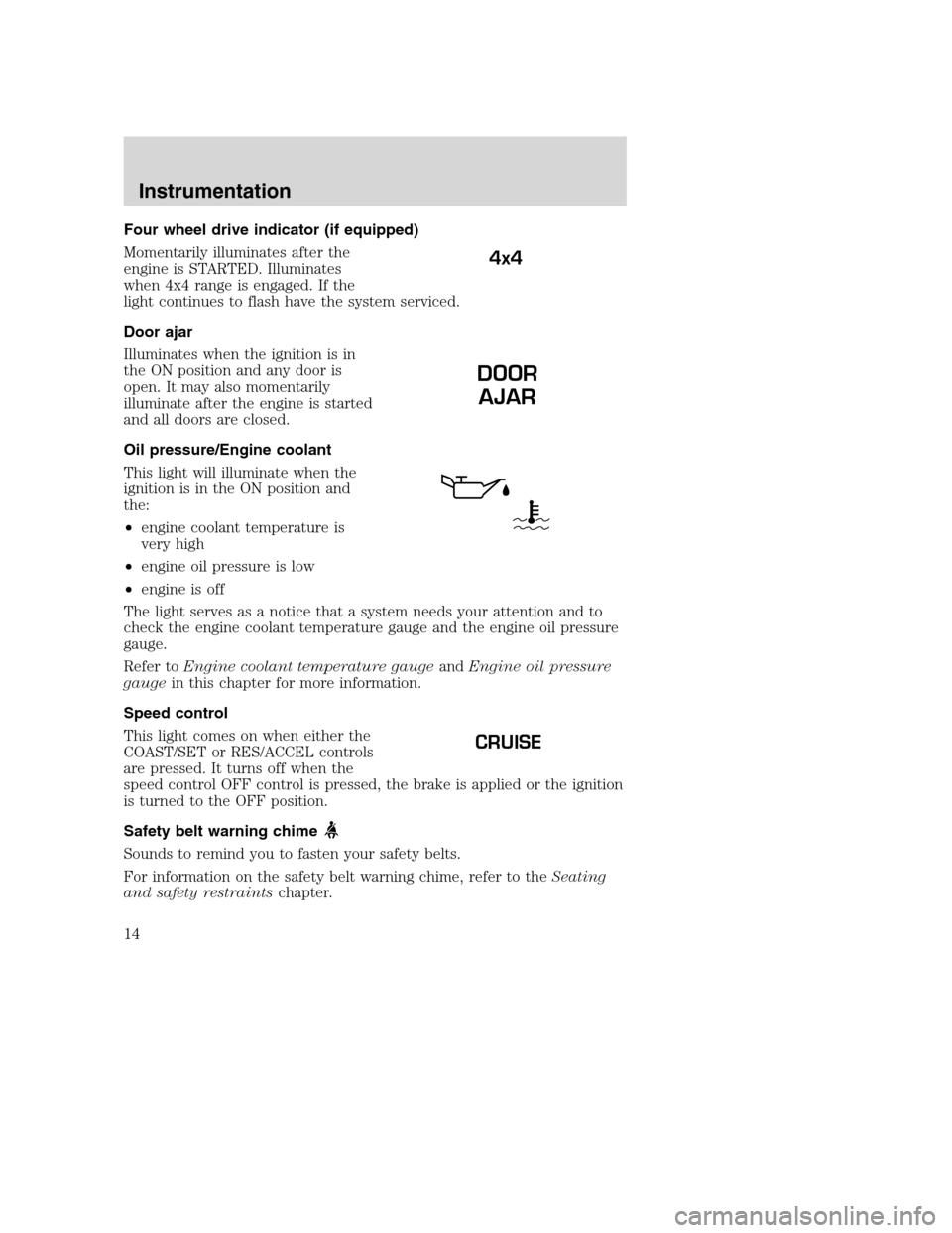 FORD SUPER DUTY 2001 1.G User Guide Four wheel drive indicator (if equipped)
Momentarily illuminates after the
engine is STARTED. Illuminates
when 4x4 range is engaged. If the
light continues to flash have the system serviced.
Door ajar FORD SUPER DUTY 2001 1.G User Guide Four wheel drive indicator (if equipped)
Momentarily illuminates after the
engine is STARTED. Illuminates
when 4x4 range is engaged. If the
light continues to flash have the system serviced.
Door ajar