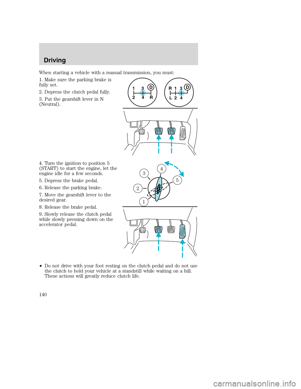 FORD SUPER DUTY 2001 1.G Owners Manual When starting a vehicle with a manual transmission, you must:
1. Make sure the parking brake is
fully set.
2. Depress the clutch pedal fully.
3. Put the gearshift lever in N
(Neutral).
4. Turn the ign