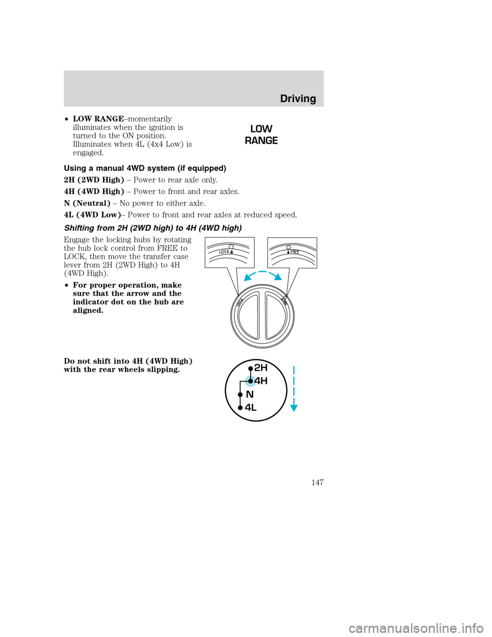 FORD SUPER DUTY 2001 1.G Owners Manual •LOW RANGE–momentarily
illuminates when the ignition is
turned to the ON position.
Illuminates when 4L (4x4 Low) is
engaged.
Using a manual 4WD system (if equipped)
2H (2WD High)– Power to rear FORD SUPER DUTY 2001 1.G Owners Manual •LOW RANGE–momentarily
illuminates when the ignition is
turned to the ON position.
Illuminates when 4L (4x4 Low) is
engaged.
Using a manual 4WD system (if equipped)
2H (2WD High)– Power to rear
