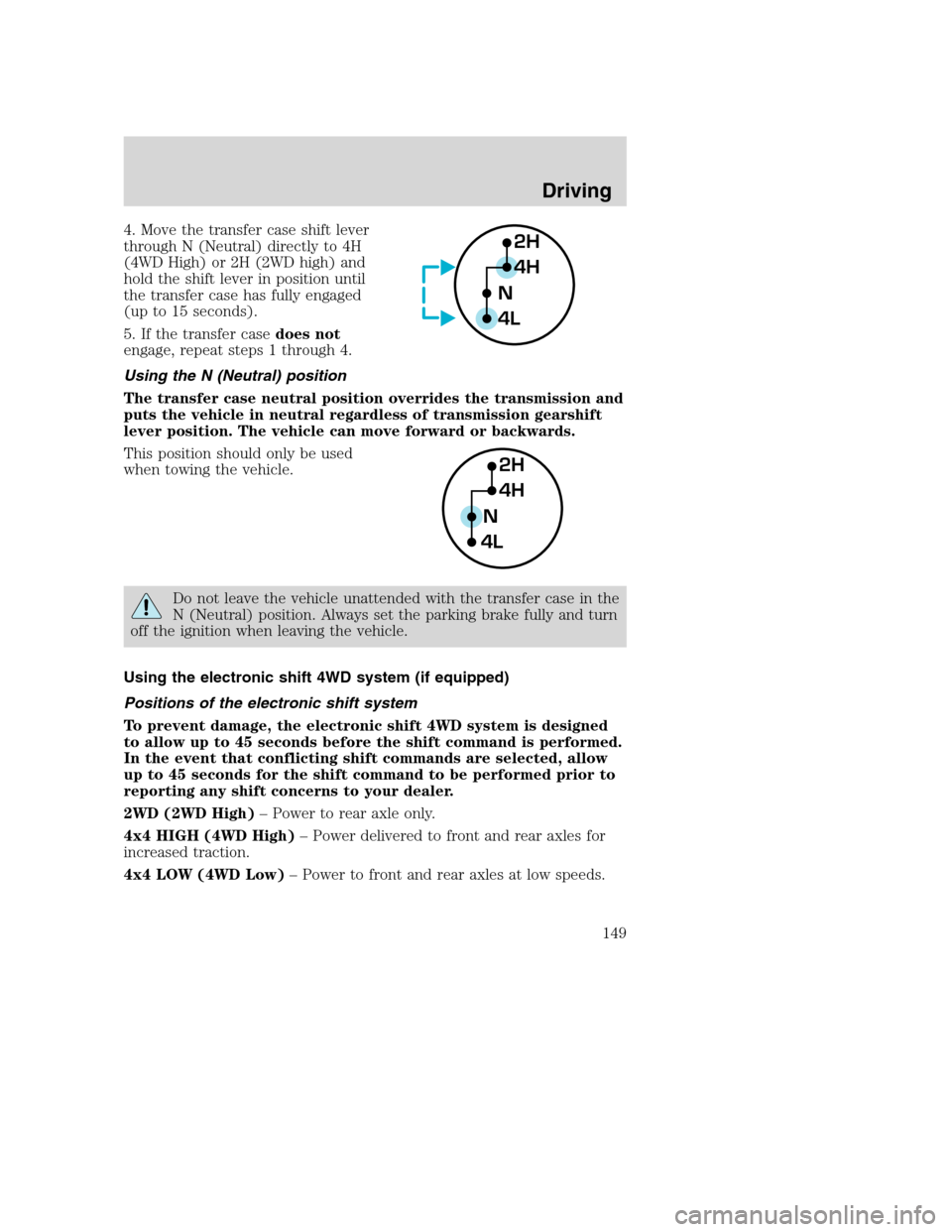 FORD SUPER DUTY 2001 1.G Owners Manual 4. Move the transfer case shift lever
through N (Neutral) directly to 4H
(4WD High) or 2H (2WD high) and
hold the shift lever in position until
the transfer case has fully engaged
(up to 15 seconds).
FORD SUPER DUTY 2001 1.G Owners Manual 4. Move the transfer case shift lever
through N (Neutral) directly to 4H
(4WD High) or 2H (2WD high) and
hold the shift lever in position until
the transfer case has fully engaged
(up to 15 seconds).