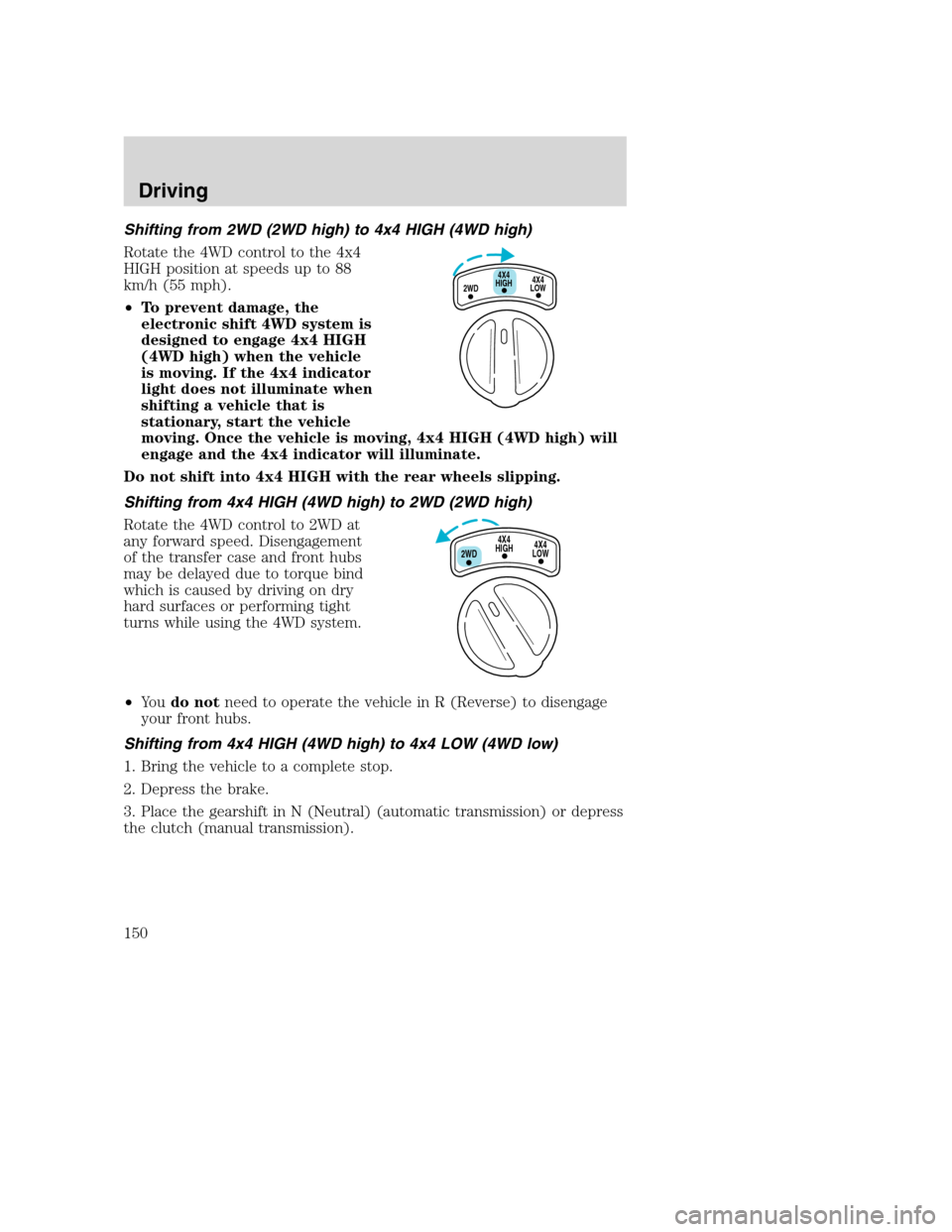 FORD SUPER DUTY 2001 1.G Owners Manual Shifting from 2WD (2WD high) to 4x4 HIGH (4WD high)
Rotate the 4WD control to the 4x4
HIGH position at speeds up to 88
km/h (55 mph).
•To prevent damage, the
electronic shift 4WD system is
designed FORD SUPER DUTY 2001 1.G Owners Manual Shifting from 2WD (2WD high) to 4x4 HIGH (4WD high)
Rotate the 4WD control to the 4x4
HIGH position at speeds up to 88
km/h (55 mph).
•To prevent damage, the
electronic shift 4WD system is
designed