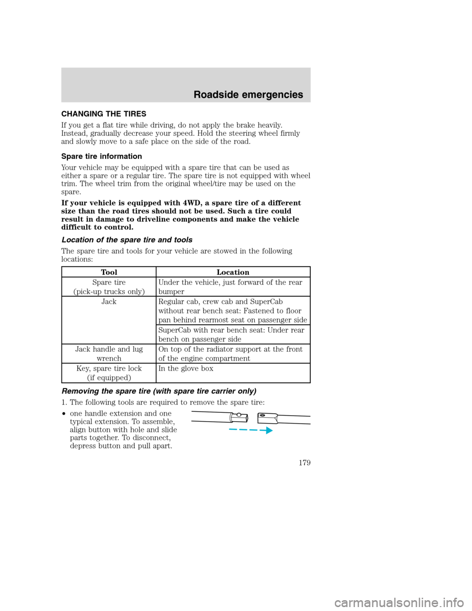 FORD SUPER DUTY 2001 1.G Owners Manual CHANGING THE TIRES
If you get a flat tire while driving, do not apply the brake heavily.
Instead, gradually decrease your speed. Hold the steering wheel firmly
and slowly move to a safe place on the s FORD SUPER DUTY 2001 1.G Owners Manual CHANGING THE TIRES
If you get a flat tire while driving, do not apply the brake heavily.
Instead, gradually decrease your speed. Hold the steering wheel firmly
and slowly move to a safe place on the s