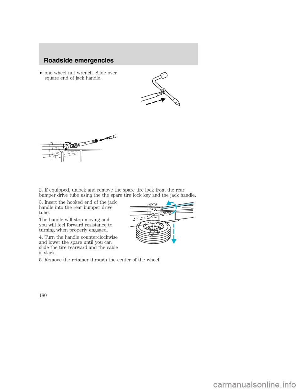 FORD SUPER DUTY 2001 1.G Owners Manual •one wheel nut wrench. Slide over
square end of jack handle.
2. If equipped, unlock and remove the spare tire lock from the rear
bumper drive tube using the the spare tire lock key and the jack hand FORD SUPER DUTY 2001 1.G Owners Manual •one wheel nut wrench. Slide over
square end of jack handle.
2. If equipped, unlock and remove the spare tire lock from the rear
bumper drive tube using the the spare tire lock key and the jack hand