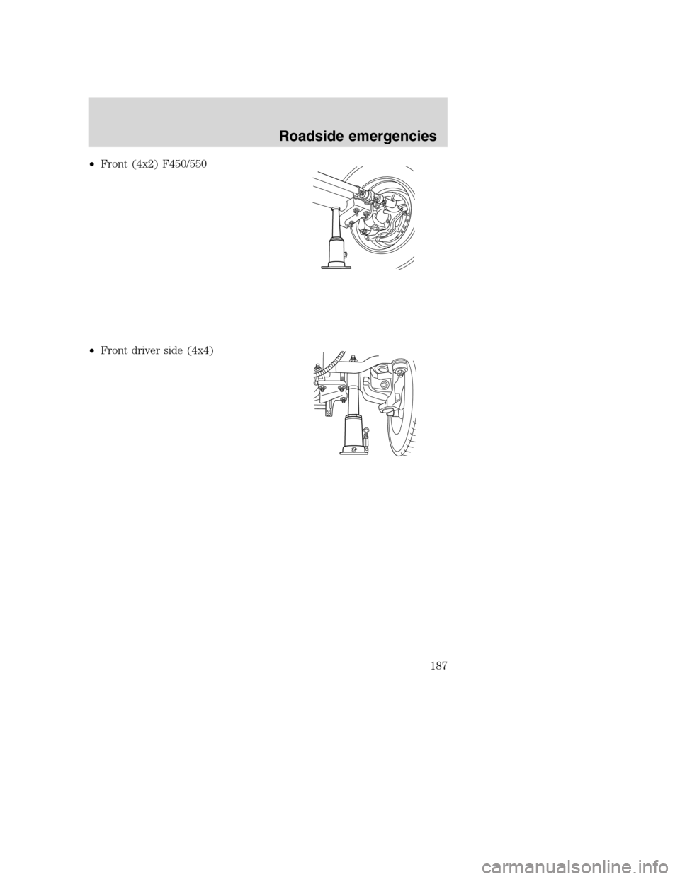 FORD SUPER DUTY 2001 1.G Owners Manual •Front (4x2) F450/550
•Front driver side (4x4)
Roadside emergencies
187 