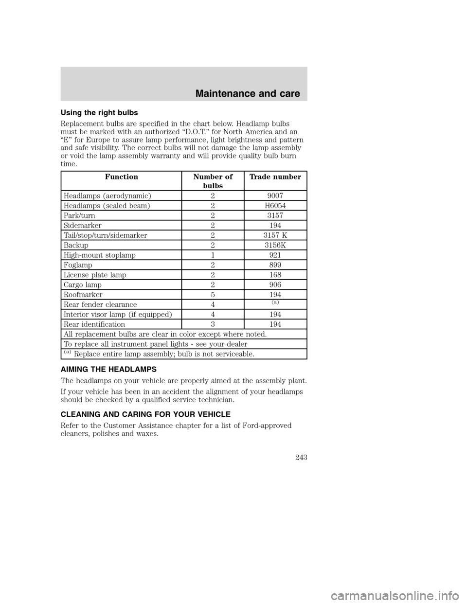 FORD SUPER DUTY 2001 1.G Owners Manual Using the right bulbs
Replacement bulbs are specified in the chart below. Headlamp bulbs
must be marked with an authorized “D.O.T.” for North America and an
“E” for Europe to assure lamp perfo FORD SUPER DUTY 2001 1.G Owners Manual Using the right bulbs
Replacement bulbs are specified in the chart below. Headlamp bulbs
must be marked with an authorized “D.O.T.” for North America and an
“E” for Europe to assure lamp perfo