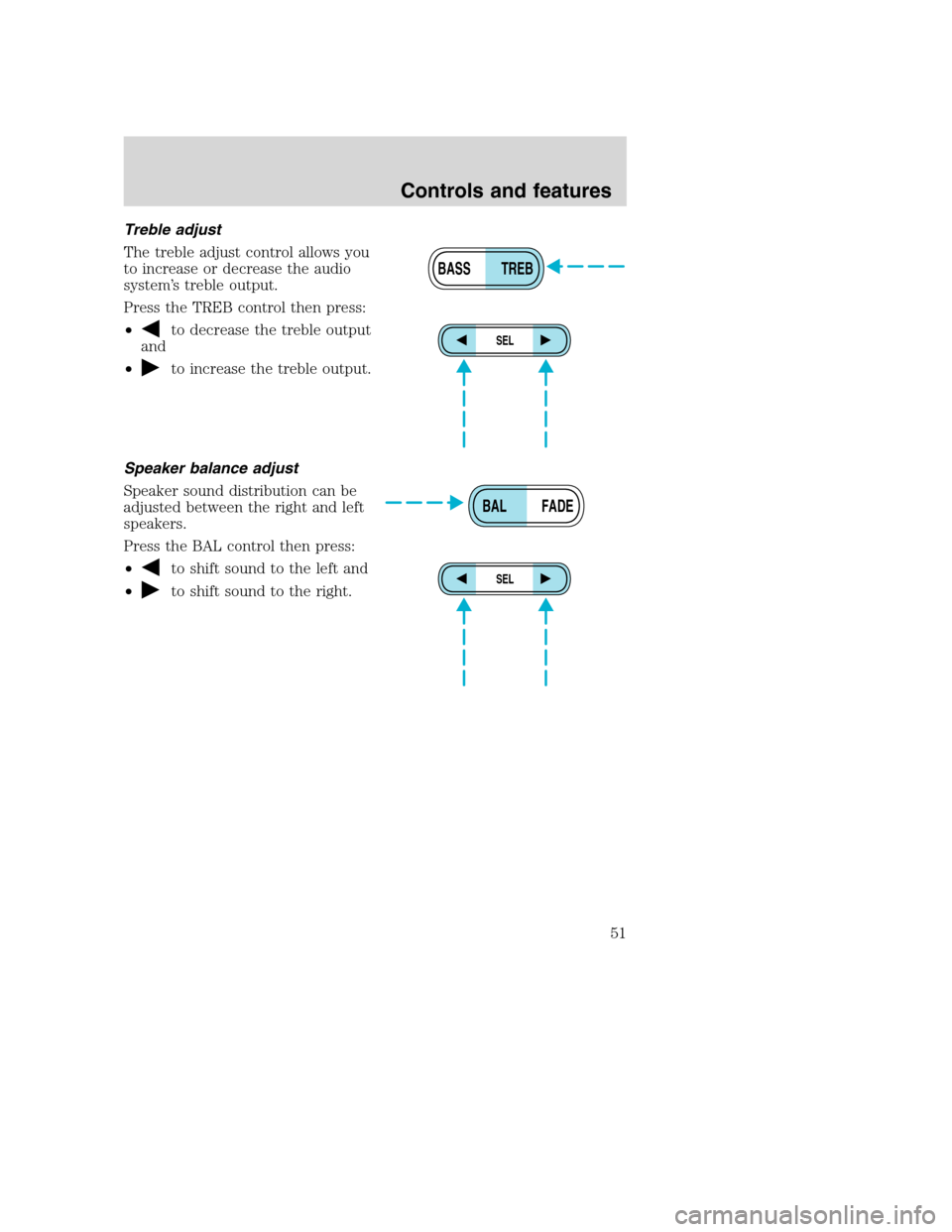 FORD SUPER DUTY 2001 1.G Workshop Manual Treble adjust
The treble adjust control allows you
to increase or decrease the audio
system’s treble output.
Press the TREB control then press:
•
to decrease the treble output
and
•
to increase 