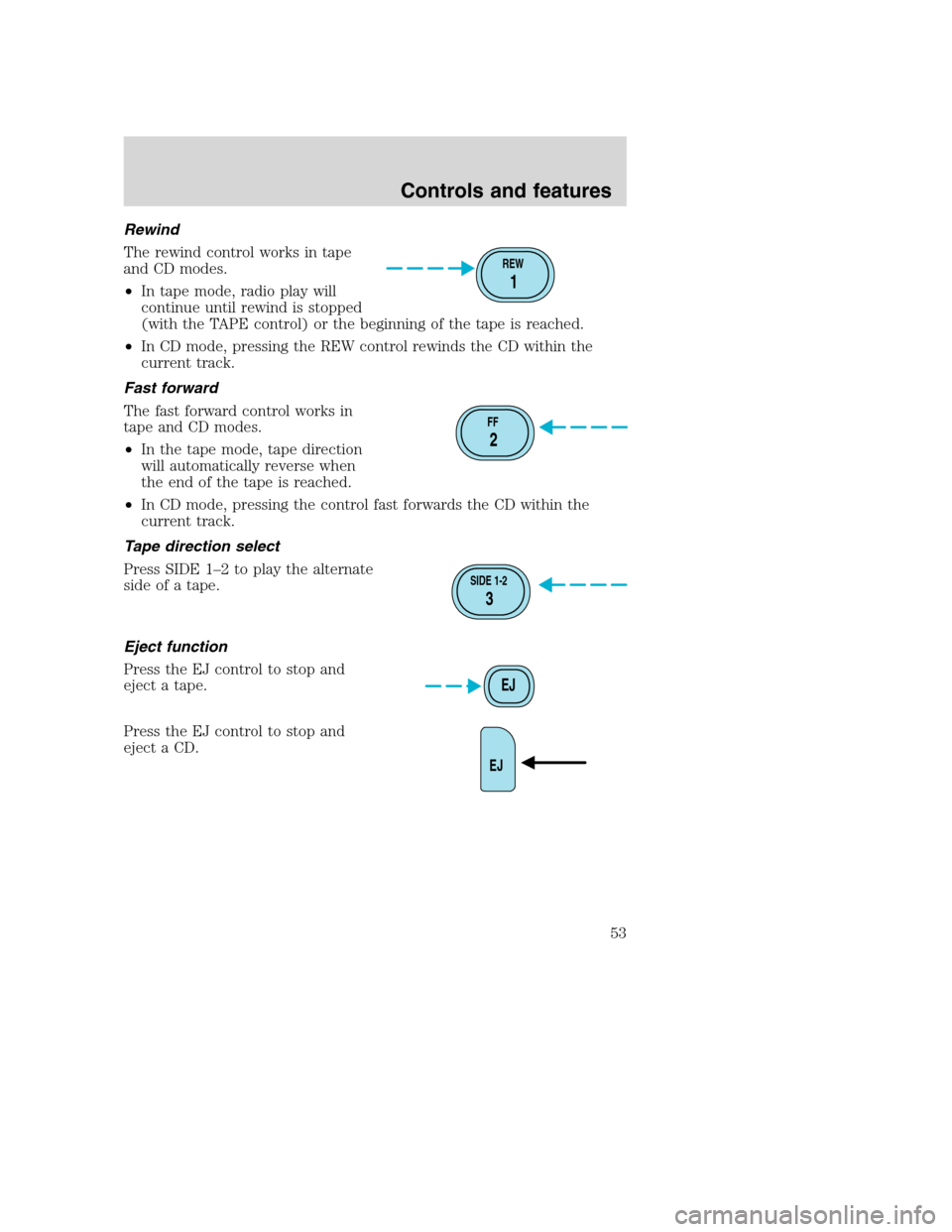 FORD SUPER DUTY 2001 1.G Workshop Manual Rewind
The rewind control works in tape
and CD modes.
•In tape mode, radio play will
continue until rewind is stopped
(with the TAPE control) or the beginning of the tape is reached.
•In CD mode, 