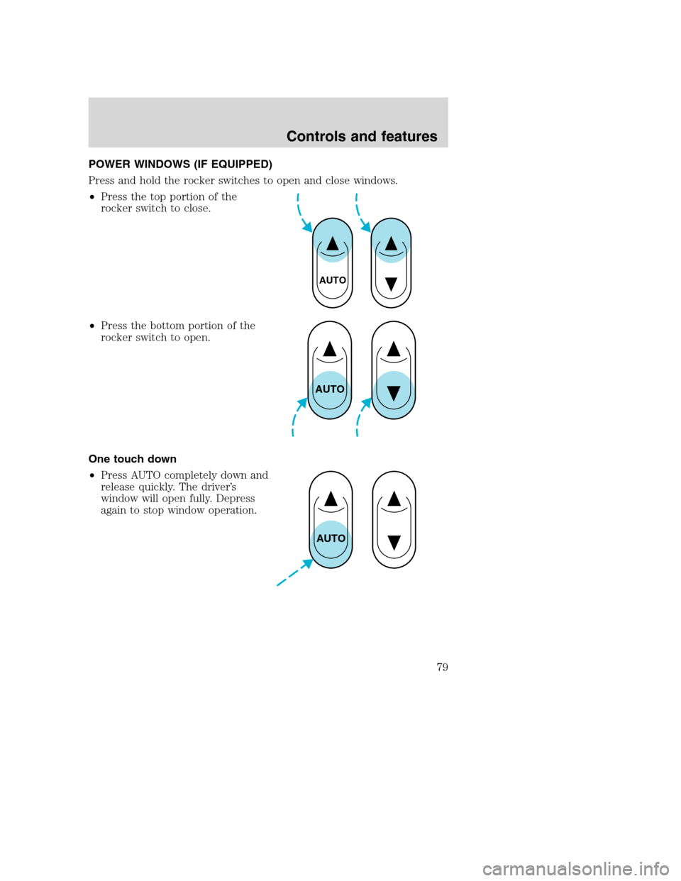 FORD SUPER DUTY 2001 1.G Manual PDF POWER WINDOWS (IF EQUIPPED)
Press and hold the rocker switches to open and close windows.
•Press the top portion of the
rocker switch to close.
•Press the bottom portion of the
rocker switch to op