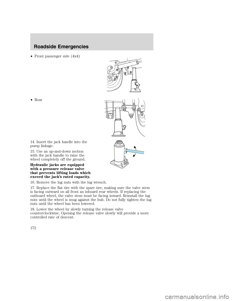 FORD SUPER DUTY 2002 1.G Owners Manual •Front passenger side (4x4)
•Rear
14. Insert the jack handle into the
pump linkage.
15. Use an up-and-down motion
with the jack handle to raise the
wheel completely off the ground.
Hydraulic jacks