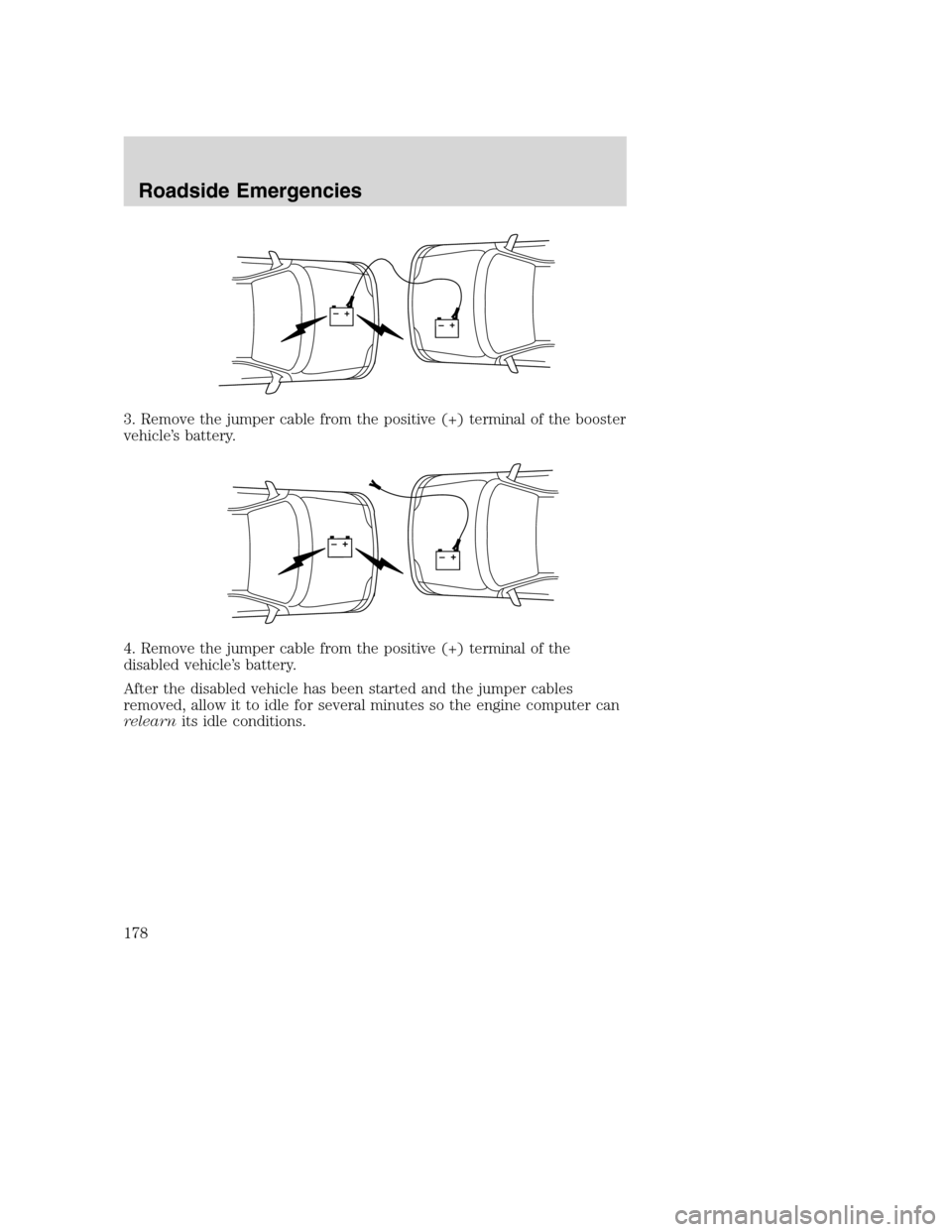 FORD SUPER DUTY 2002 1.G Owners Manual 3. Remove the jumper cable from the positive (+) terminal of the booster
vehicle’s battery.
4. Remove the jumper cable from the positive (+) terminal of the
disabled vehicle’s battery.
After the d