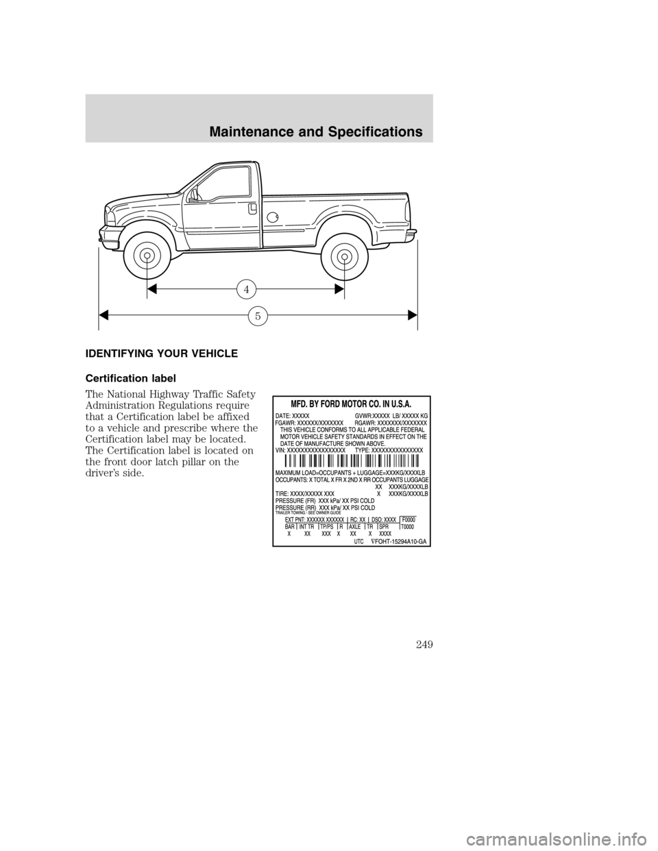 FORD SUPER DUTY 2002 1.G Owners Manual IDENTIFYING YOUR VEHICLE
Certification label
The National Highway Traffic Safety
Administration Regulations require
that a Certification label be affixed
to a vehicle and prescribe where the
Certifica FORD SUPER DUTY 2002 1.G Owners Manual IDENTIFYING YOUR VEHICLE
Certification label
The National Highway Traffic Safety
Administration Regulations require
that a Certification label be affixed
to a vehicle and prescribe where the
Certifica