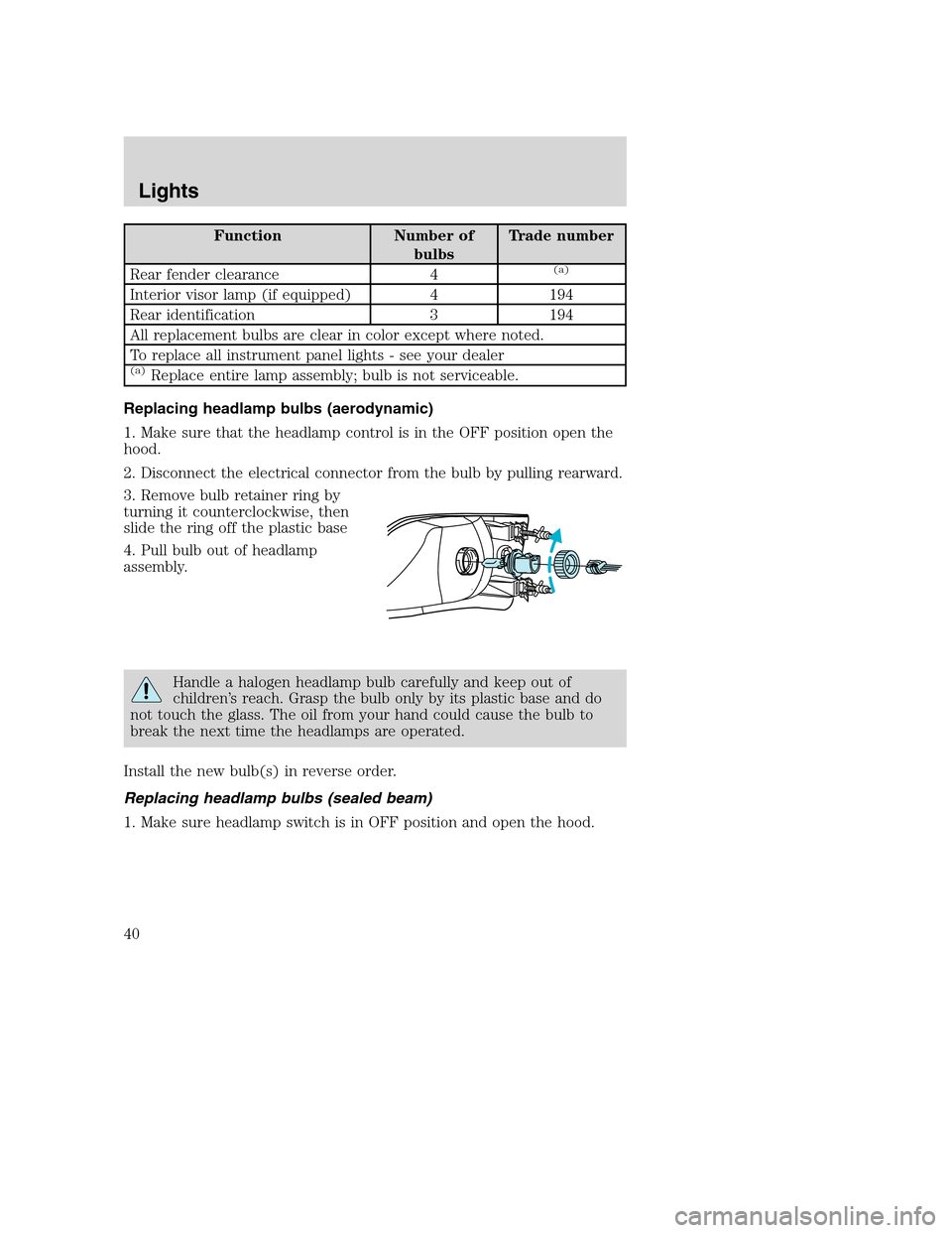 FORD SUPER DUTY 2002 1.G Owners Guide Function Number of
bulbsTrade number
Rear fender clearance 4
(a)
Interior visor lamp (if equipped) 4 194
Rear identification 3 194
All replacement bulbs are clear in color except where noted.
To repla FORD SUPER DUTY 2002 1.G Owners Guide Function Number of
bulbsTrade number
Rear fender clearance 4
(a)
Interior visor lamp (if equipped) 4 194
Rear identification 3 194
All replacement bulbs are clear in color except where noted.
To repla