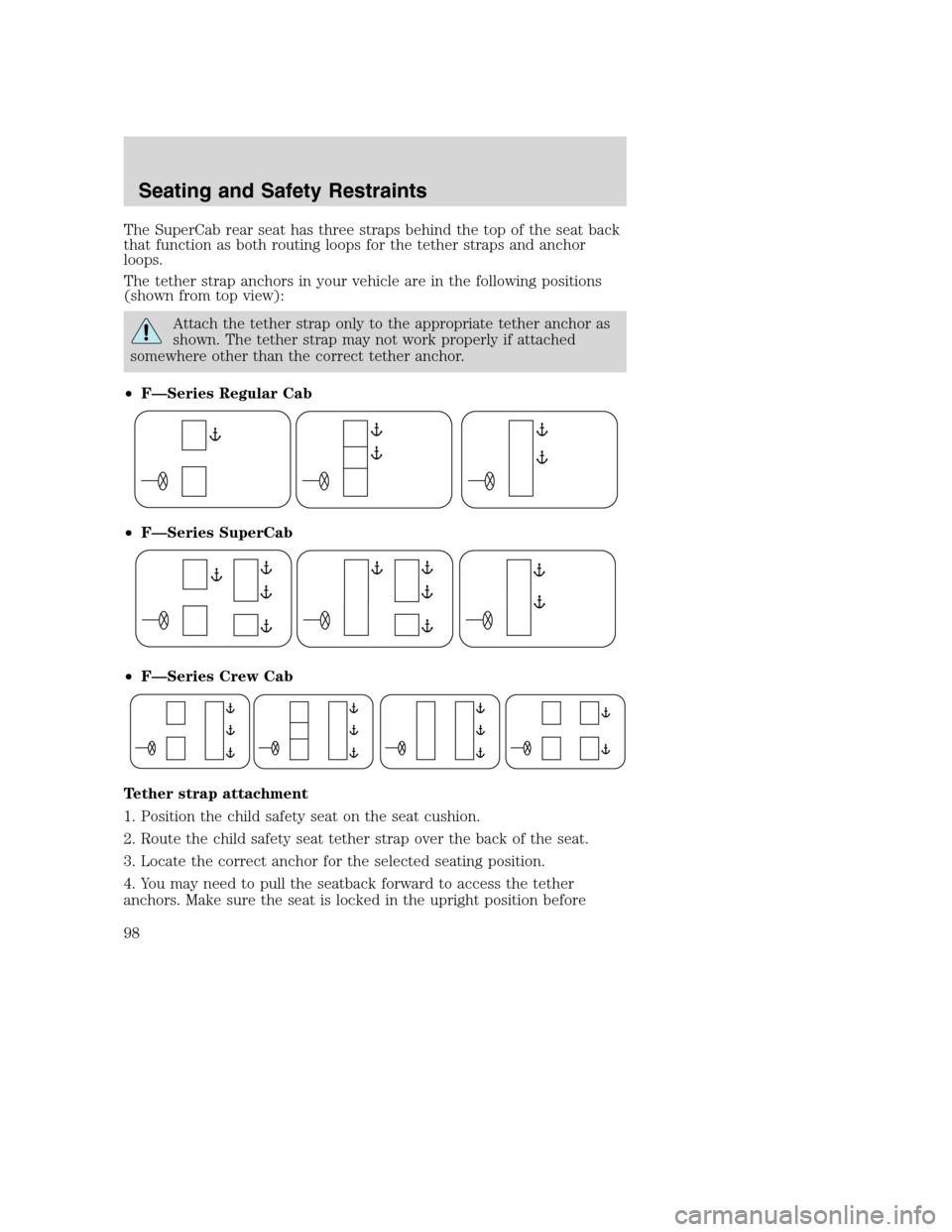 FORD SUPER DUTY 2002 1.G Owners Manual The SuperCab rear seat has three straps behind the top of the seat back
that function as both routing loops for the tether straps and anchor
loops.
The tether strap anchors in your vehicle are in the 