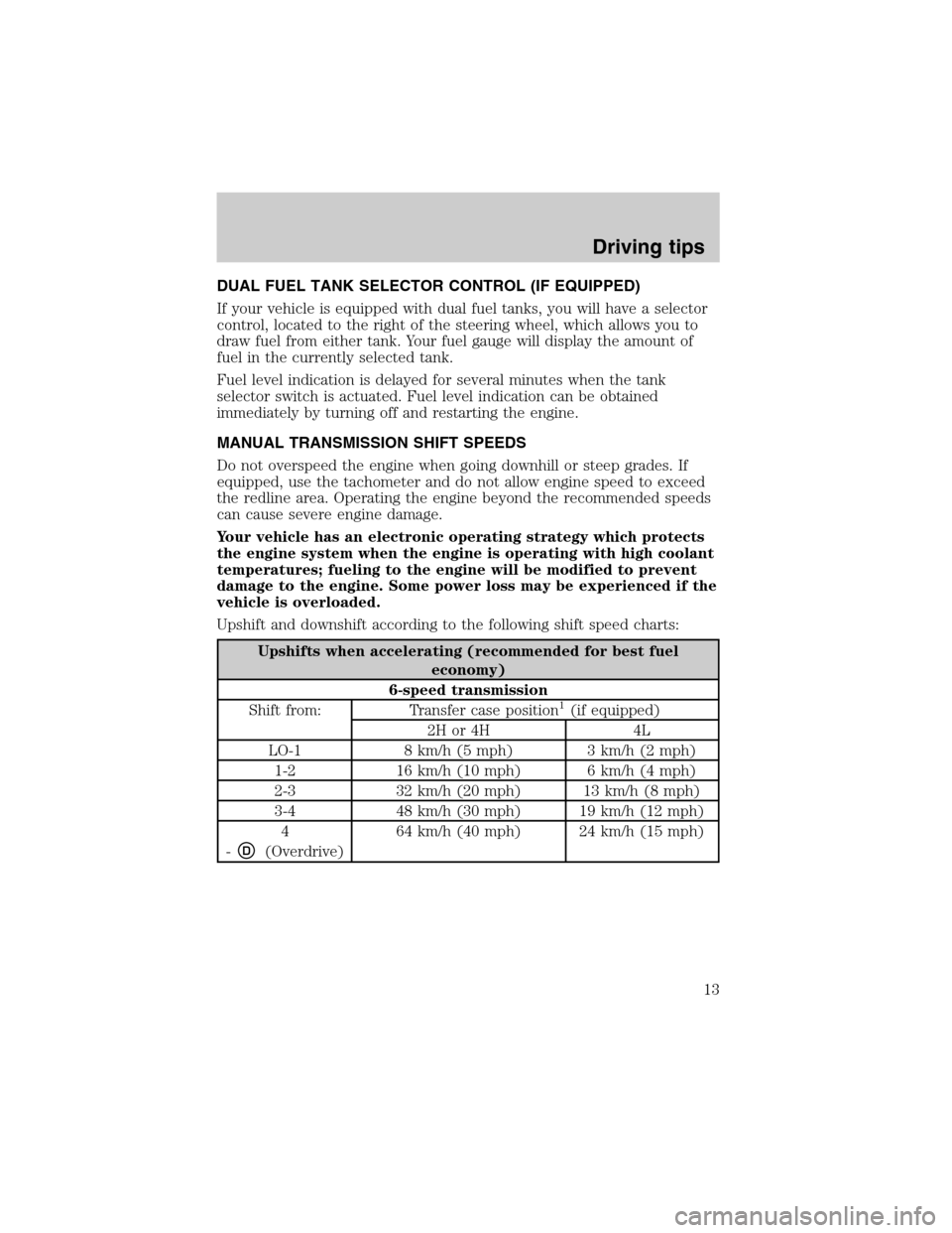 FORD SUPER DUTY 2003 1.G Diesel Supplement Manual DUAL FUEL TANK SELECTOR CONTROL (IF EQUIPPED)
If your vehicle is equipped with dual fuel tanks, you will have a selector
control, located to the right of the steering wheel, which allows you to
draw f