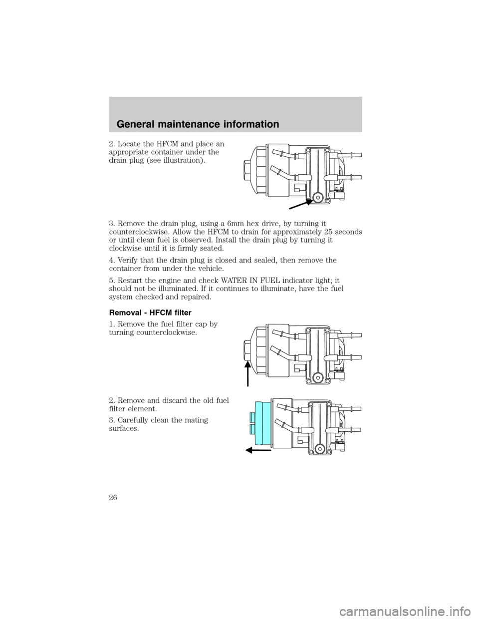 FORD SUPER DUTY 2003 1.G Diesel Supplement Manual 2. Locate the HFCM and place an
appropriate container under the
drain plug (see illustration).
3. Remove the drain plug, using a 6mm hex drive, by turning it
counterclockwise. Allow the HFCM to drain 