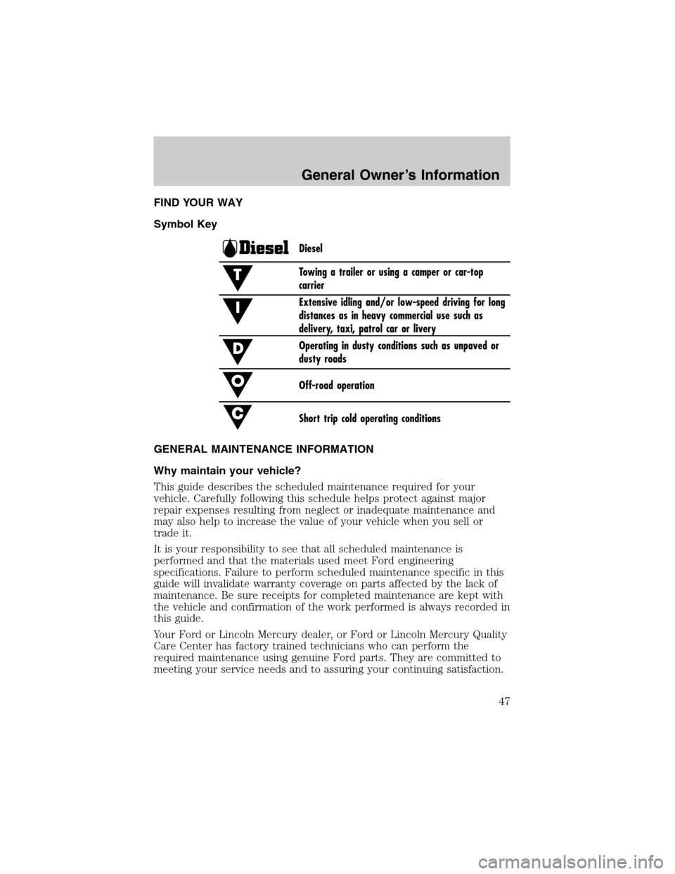 FORD SUPER DUTY 2003 1.G Diesel Supplement Manual FIND YOUR WAY
Symbol Key
Diesel
Towing a trailer or using a camper or car-top
carrier
Extensive idling and/or low-speed driving for long
distances as in heavy commercial use such as
delivery, taxi, pa