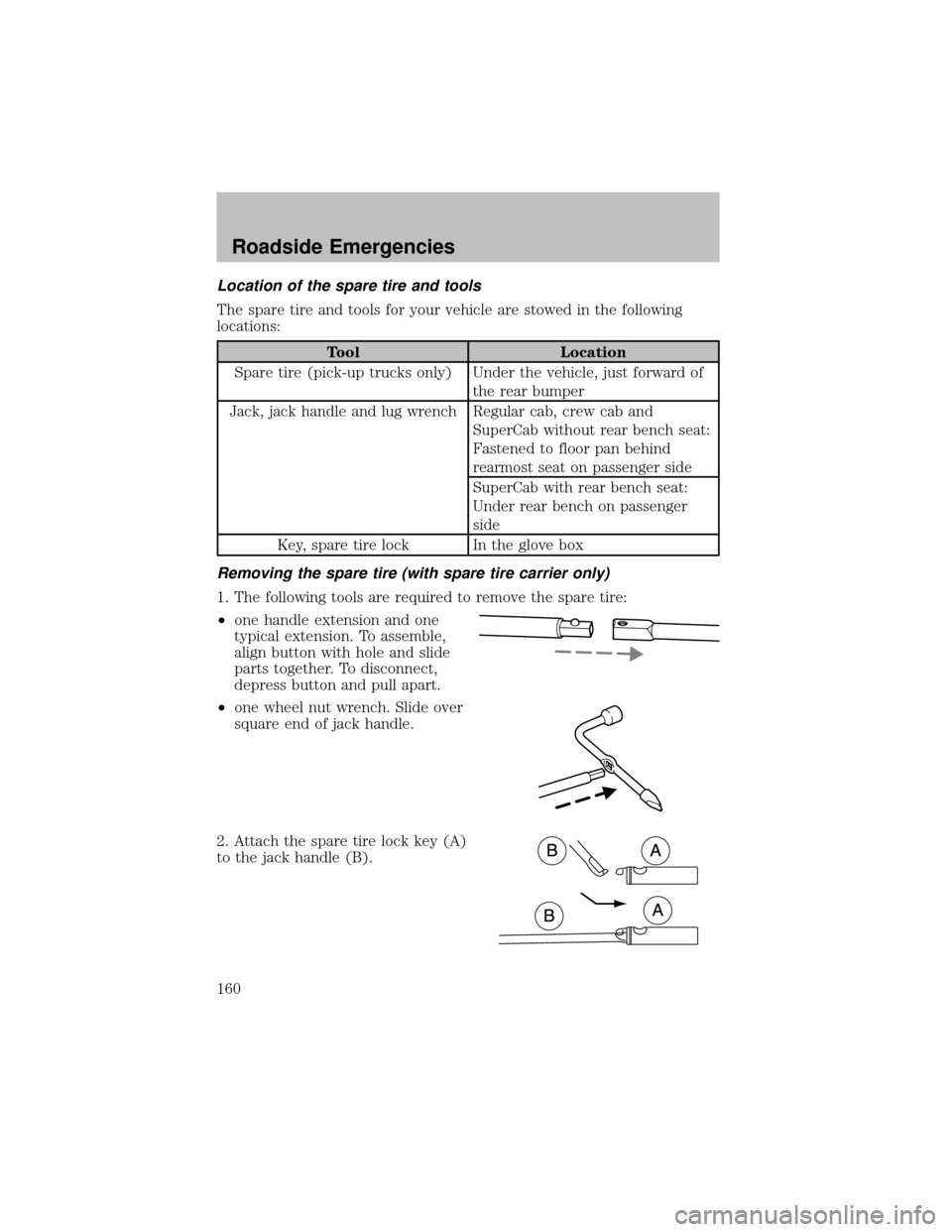 FORD SUPER DUTY 2003 1.G Owners Manual Location of the spare tire and tools
The spare tire and tools for your vehicle are stowed in the following
locations:
Tool Location
Spare tire (pick-up trucks only) Under the vehicle, just forward of
FORD SUPER DUTY 2003 1.G Owners Manual Location of the spare tire and tools
The spare tire and tools for your vehicle are stowed in the following
locations:
Tool Location
Spare tire (pick-up trucks only) Under the vehicle, just forward of
