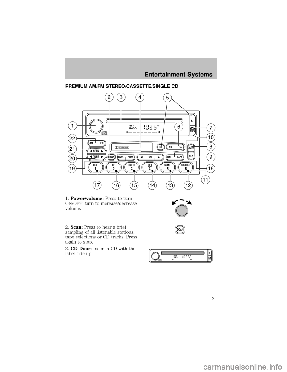 FORD SUPER DUTY 2003 1.G Owners Manual PREMIUM AM/FM STEREO/CASSETTE/SINGLE CD
1.Power/volume:Press to turn
ON/OFF; turn to increase/decrease
volume.
2.Scan:Press to hear a brief
sampling of all listenable stations,
tape selections or CD t