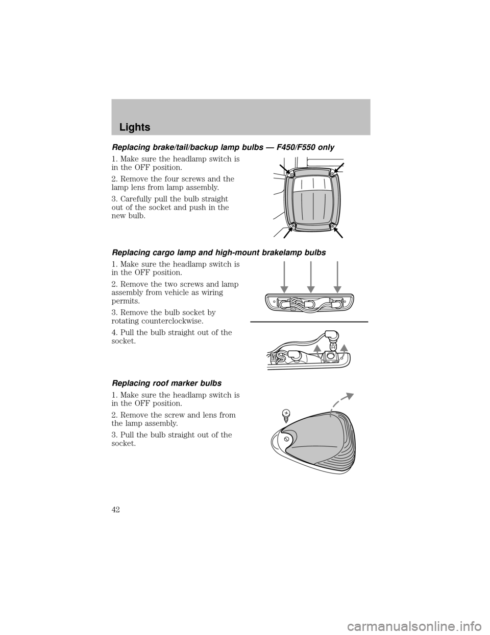 FORD SUPER DUTY 2003 1.G Service Manual Replacing brake/tail/backup lamp bulbs — F450/F550 only
1. Make sure the headlamp switch is
in the OFF position.
2. Remove the four screws and the
lamp lens from lamp assembly.
3. Carefullypull the 