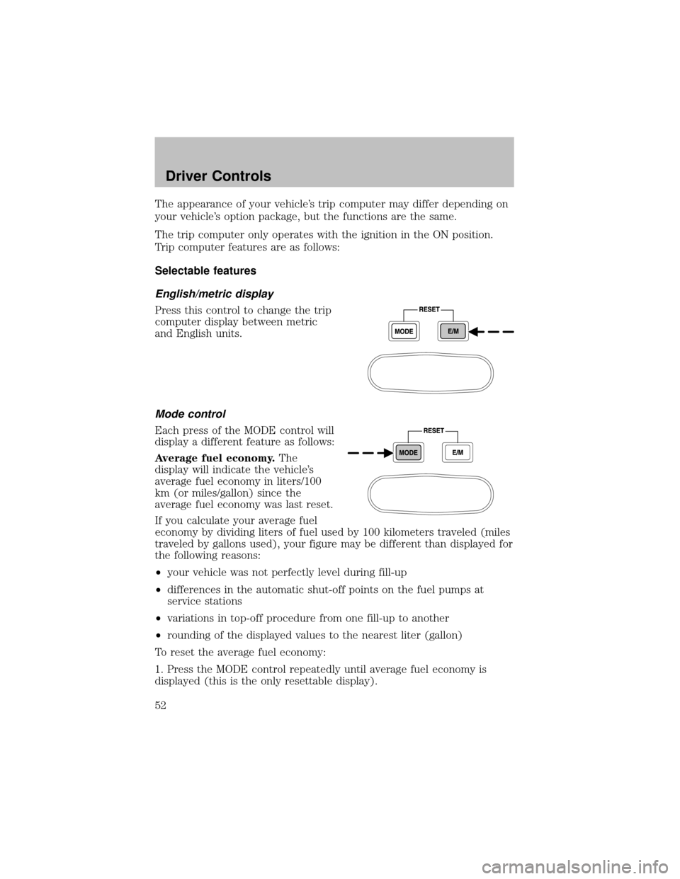 FORD SUPER DUTY 2003 1.G Workshop Manual The appearance of your vehicle’s trip computer may differ depending on
your vehicle’s option package, but the functions are the same.
The trip computer onlyoperates with the ignition in the ON pos FORD SUPER DUTY 2003 1.G Workshop Manual The appearance of your vehicle’s trip computer may differ depending on
your vehicle’s option package, but the functions are the same.
The trip computer onlyoperates with the ignition in the ON pos