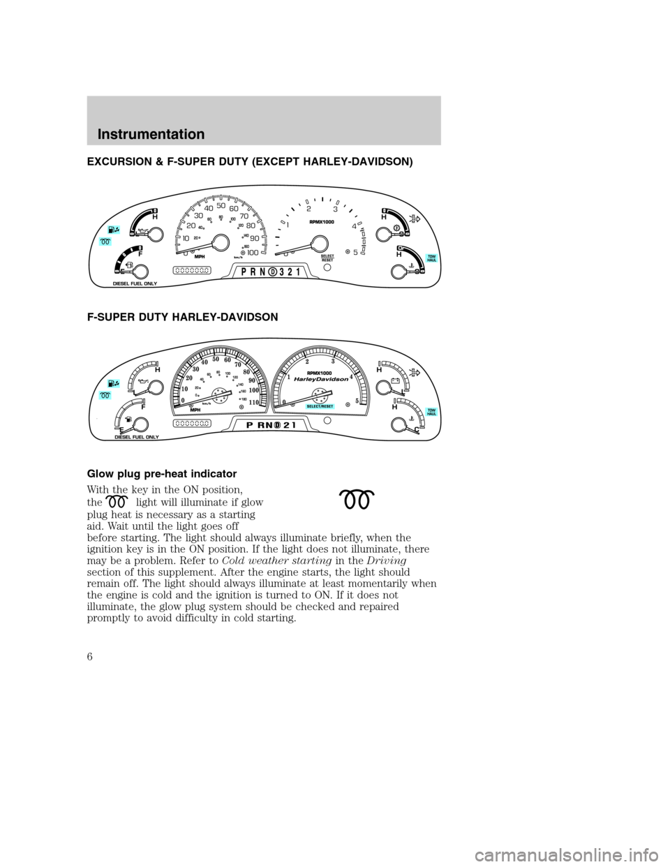 FORD SUPER DUTY 2004 1.G Diesel Supplement Manual EXCURSION & F-SUPER DUTY (EXCEPT HARLEY-DAVIDSON)
F-SUPER DUTY HARLEY-DAVIDSON
Glow plug pre-heat indicator
With the key in the ON position,
the
light will illuminate if glow
plug heat is necessary as