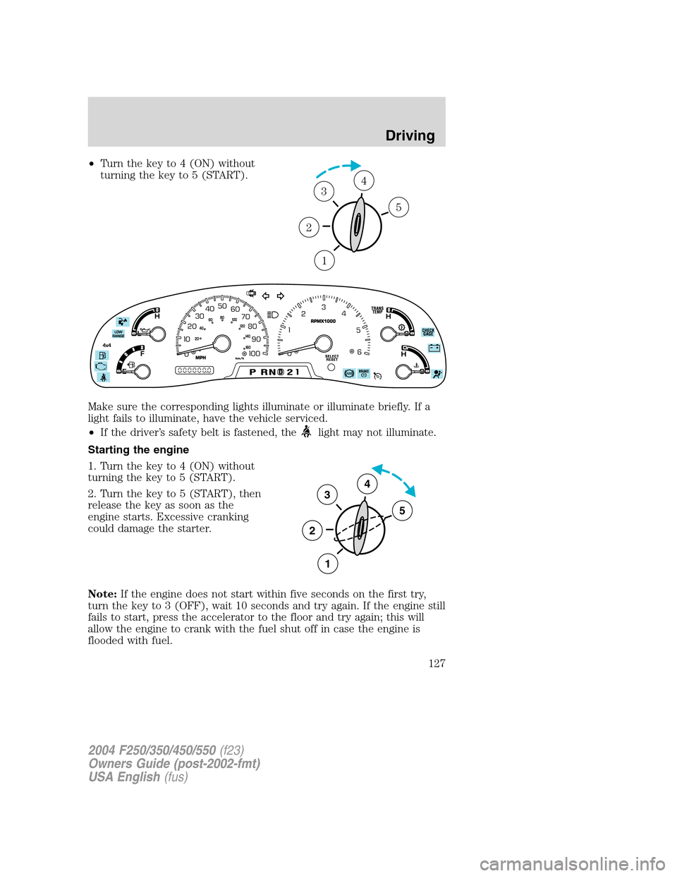 FORD SUPER DUTY 2004 1.G Owners Manual •Turn the key to 4 (ON) without
turning the key to 5 (START).
Make sure the corresponding lights illuminate or illuminate briefly. If a
light fails to illuminate, have the vehicle serviced.
•If th FORD SUPER DUTY 2004 1.G Owners Manual •Turn the key to 4 (ON) without
turning the key to 5 (START).
Make sure the corresponding lights illuminate or illuminate briefly. If a
light fails to illuminate, have the vehicle serviced.
•If th