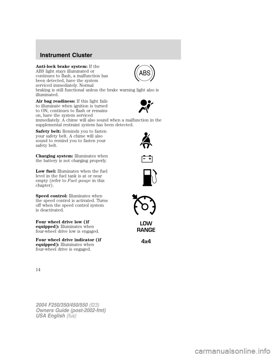 FORD SUPER DUTY 2004 1.G Owners Manual Anti-lock brake system:If the
ABS light stays illuminated or
continues to flash, a malfunction has
been detected, have the system
serviced immediately. Normal
braking is still functional unless the br