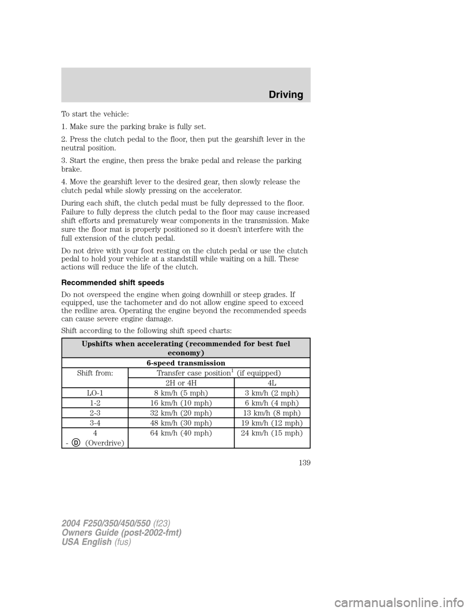 FORD SUPER DUTY 2004 1.G Owners Manual To start the vehicle:
1. Make sure the parking brake is fully set.
2. Press the clutch pedal to the floor, then put the gearshift lever in the
neutral position.
3. Start the engine, then press the bra FORD SUPER DUTY 2004 1.G Owners Manual To start the vehicle:
1. Make sure the parking brake is fully set.
2. Press the clutch pedal to the floor, then put the gearshift lever in the
neutral position.
3. Start the engine, then press the bra