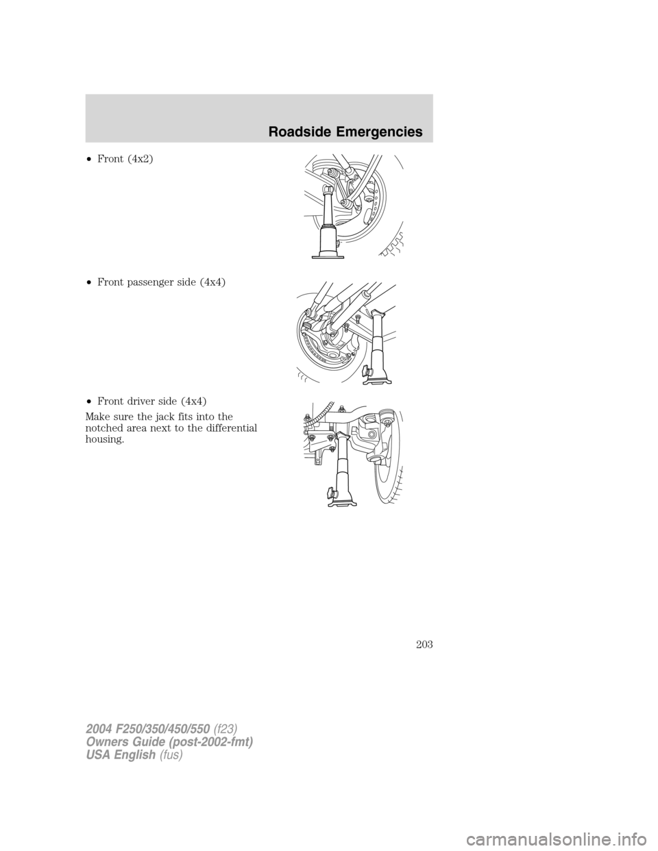 FORD SUPER DUTY 2004 1.G Owners Manual •Front (4x2)
•Front passenger side (4x4)
•Front driver side (4x4)
Make sure the jack fits into the
notched area next to the differential
housing.
2004 F250/350/450/550(f23)
Owners Guide (post-20 FORD SUPER DUTY 2004 1.G Owners Manual •Front (4x2)
•Front passenger side (4x4)
•Front driver side (4x4)
Make sure the jack fits into the
notched area next to the differential
housing.
2004 F250/350/450/550(f23)
Owners Guide (post-20