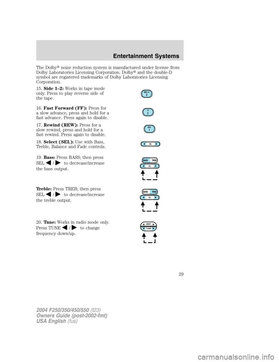 FORD SUPER DUTY 2004 1.G Owners Manual The Dolbynoise reduction system is manufactured under license from
Dolby Laboratories Licensing Corporation. Dolbyand the double-D
symbol are registered trademarks of Dolby Laboratories Licensing
Co