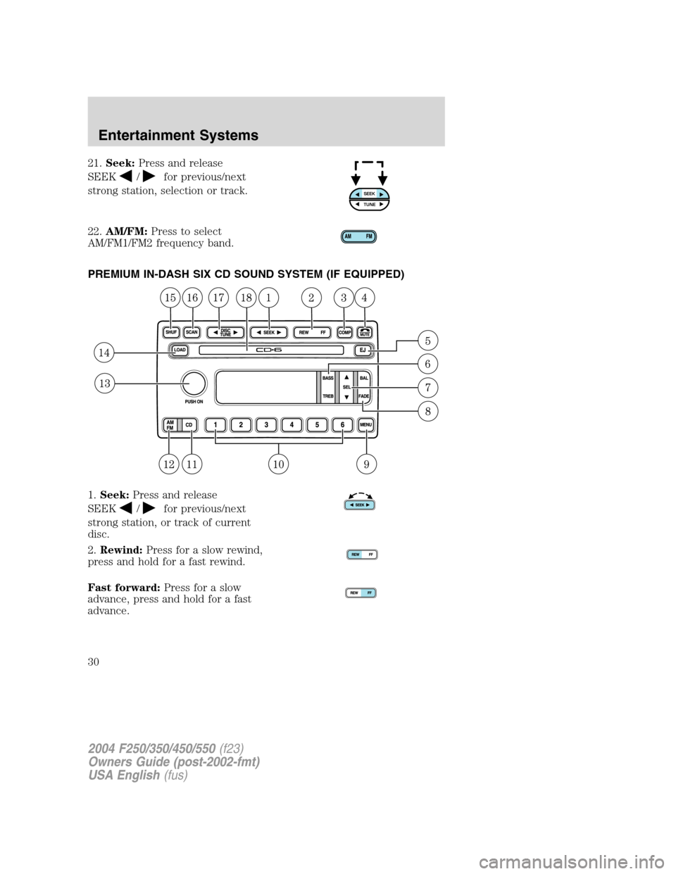 FORD SUPER DUTY 2004 1.G Owners Manual 21.Seek:Press and release
SEEK
/for previous/next
strong station, selection or track.
22.AM/FM:Press to select
AM/FM1/FM2 frequency band.
PREMIUM IN-DASH SIX CD SOUND SYSTEM (IF EQUIPPED)
1.Seek:Press