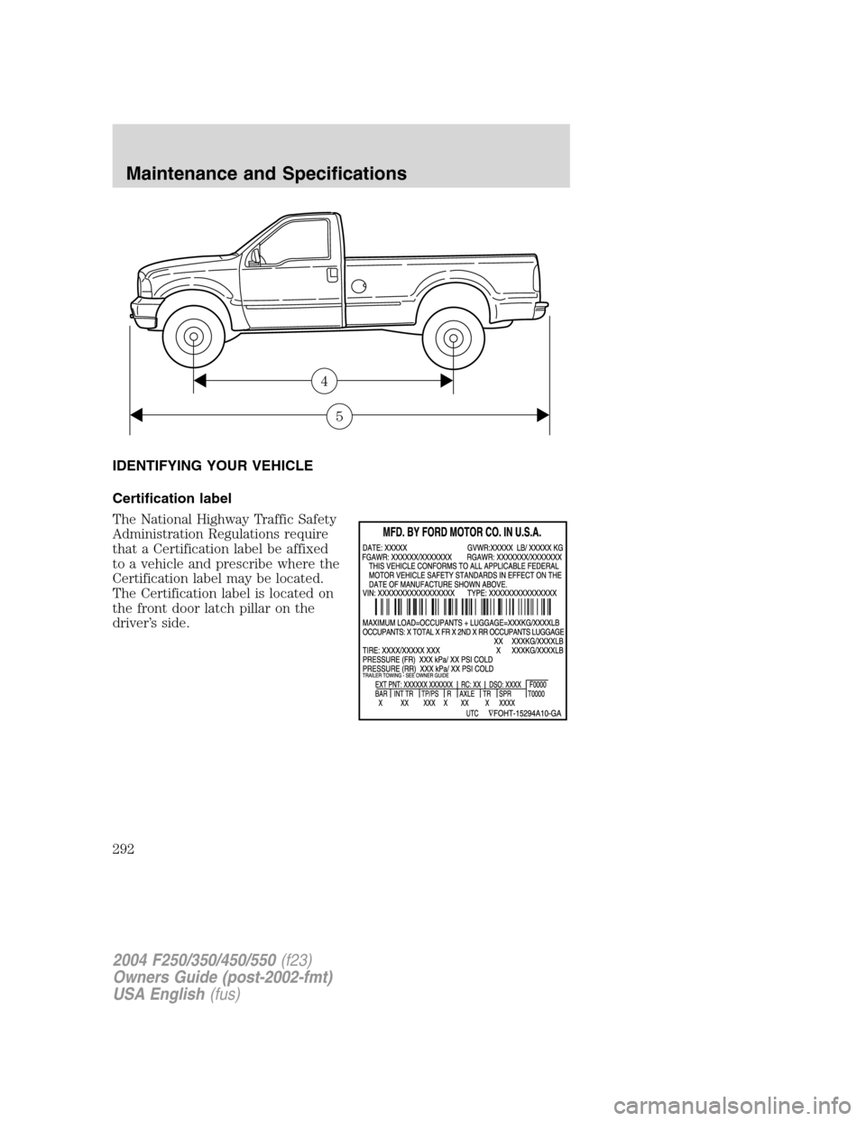 FORD SUPER DUTY 2004 1.G Owners Manual IDENTIFYING YOUR VEHICLE
Certification label
The National Highway Traffic Safety
Administration Regulations require
that a Certification label be affixed
to a vehicle and prescribe where the
Certifica FORD SUPER DUTY 2004 1.G Owners Manual IDENTIFYING YOUR VEHICLE
Certification label
The National Highway Traffic Safety
Administration Regulations require
that a Certification label be affixed
to a vehicle and prescribe where the
Certifica