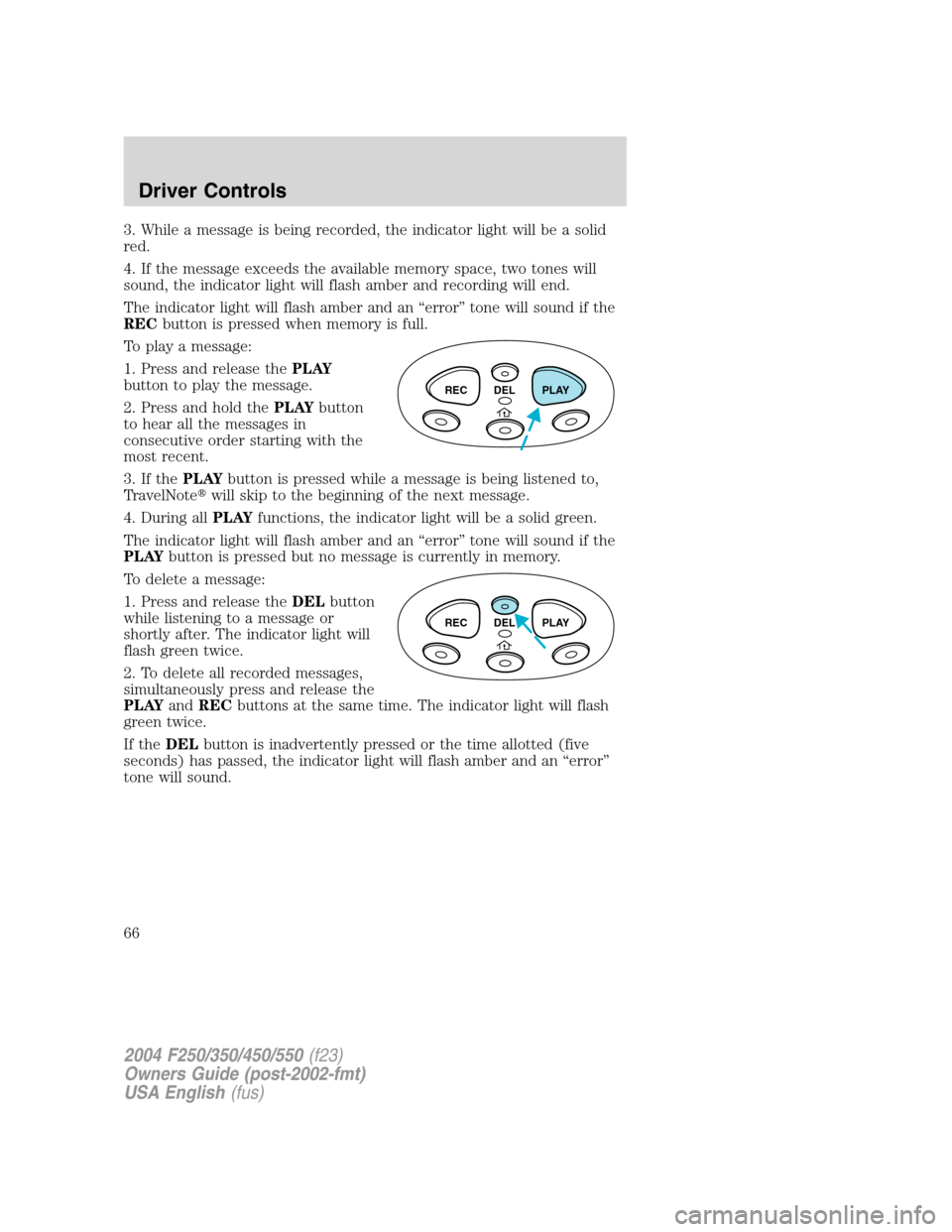 FORD SUPER DUTY 2004 1.G Repair Manual 3. While a message is being recorded, the indicator light will be a solid
red.
4. If the message exceeds the available memory space, two tones will
sound, the indicator light will flash amber and reco