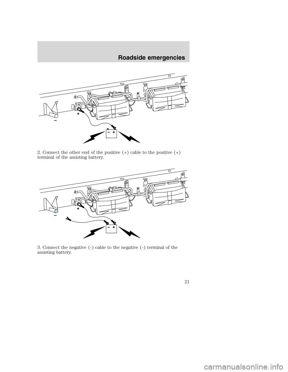 FORD SUPER DUTY 2005 1.G Diesel Supplement Manual 2. Connect the other end of the positive (+) cable to the positive (+)
terminal of the assisting battery.
3. Connect the negative (-) cable to the negative (-) terminal of the
assisting battery.
Roads FORD SUPER DUTY 2005 1.G Diesel Supplement Manual 2. Connect the other end of the positive (+) cable to the positive (+)
terminal of the assisting battery.
3. Connect the negative (-) cable to the negative (-) terminal of the
assisting battery.
Roads
